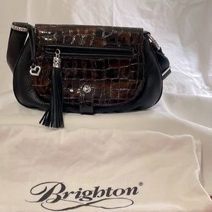 Brighton black leather and brown parent leather shoulder style handbag.